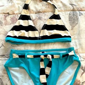 Op girls bikini baby blue bottom striped black & white top swimsuit size L 10-12